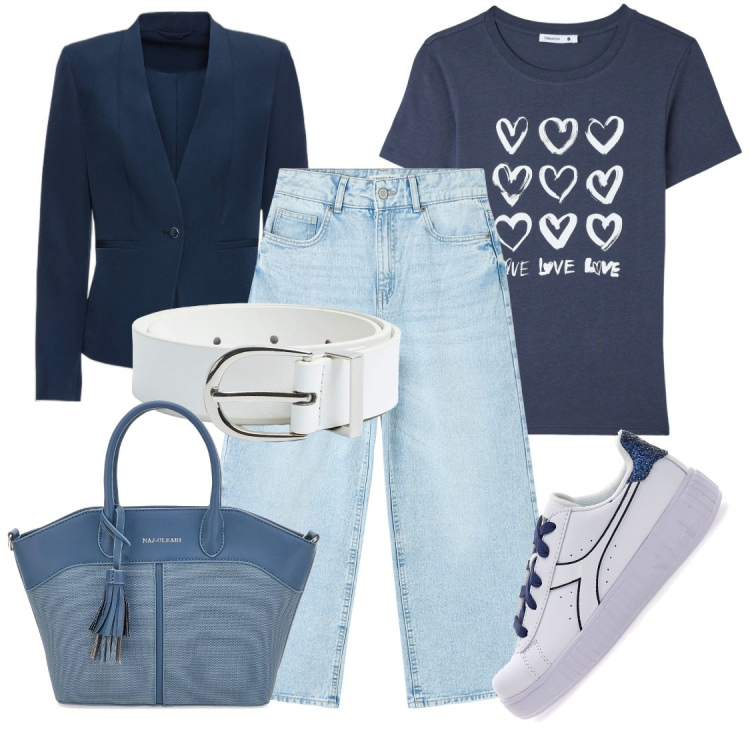 Outfit donna - Diadora con glitter blu. Stile Casual chic per Tutti i giorni. Abbinamento con blazer, t-shirt, jeans, cinture, sneakers, borse a mano.