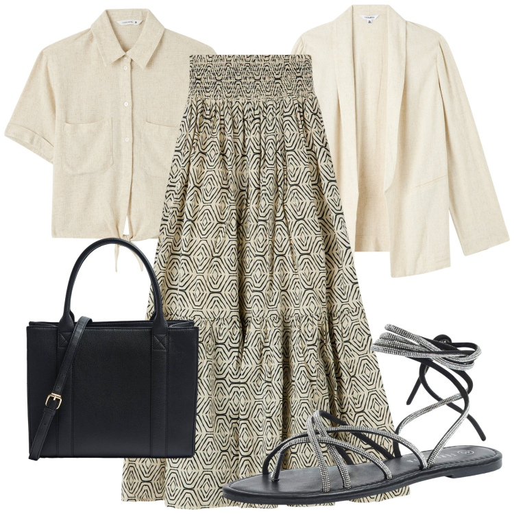 Outfit donna - Stile retró. Stile Vintage retrò per Serata fuori. Abbinamento con blazer, sandali alla schiava, gonne lunghe, camicie a manica corta, shopping bag.