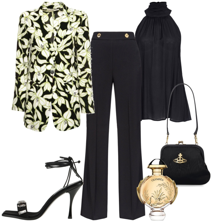 Outfit donna - Intensa e luminosa. Stile Glamour per Serata fuori. Abbinamento con sandali in pelle, profumi, pantaloni, top, blazer, pochette.