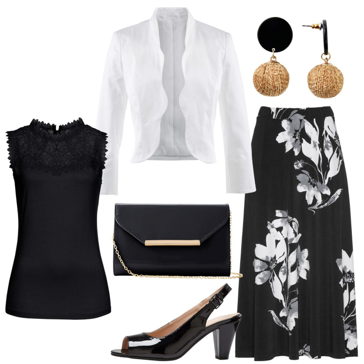 Outfit donna - Total look #1850057. Stile Romantica per Cerimonia. Abbinamento con top, blazer, orecchini, gonne, décolleté, pochette.
