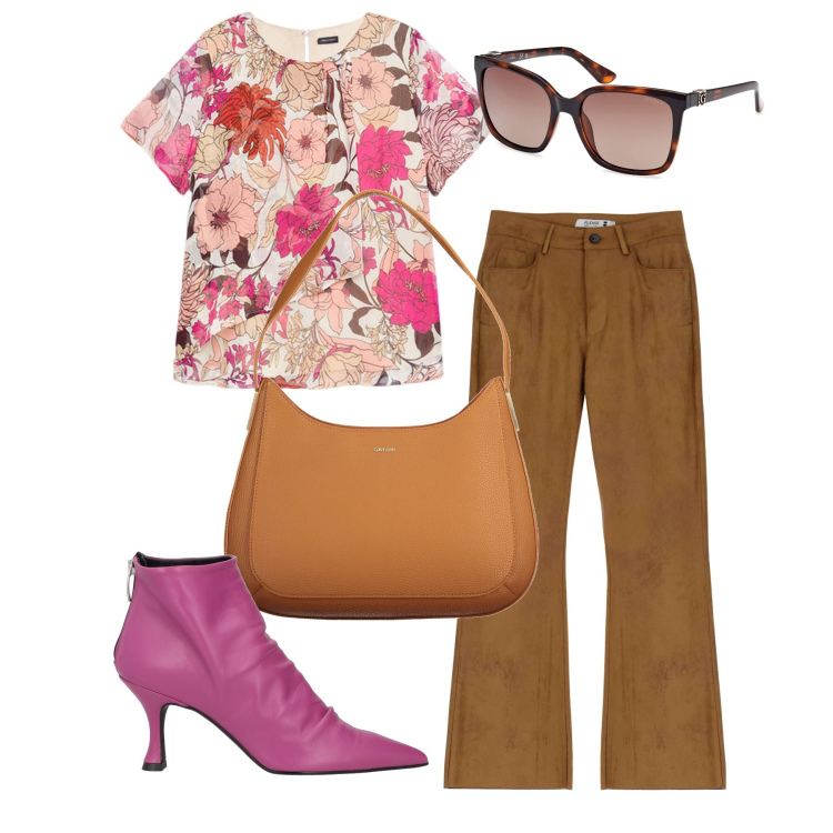 Outfit donna - Fiori d\'aprile. Stile Bon Ton per Tutti i giorni. Abbinamento con stivaletti, pantaloni, bluse, occhiali da sole, borse a spalla.