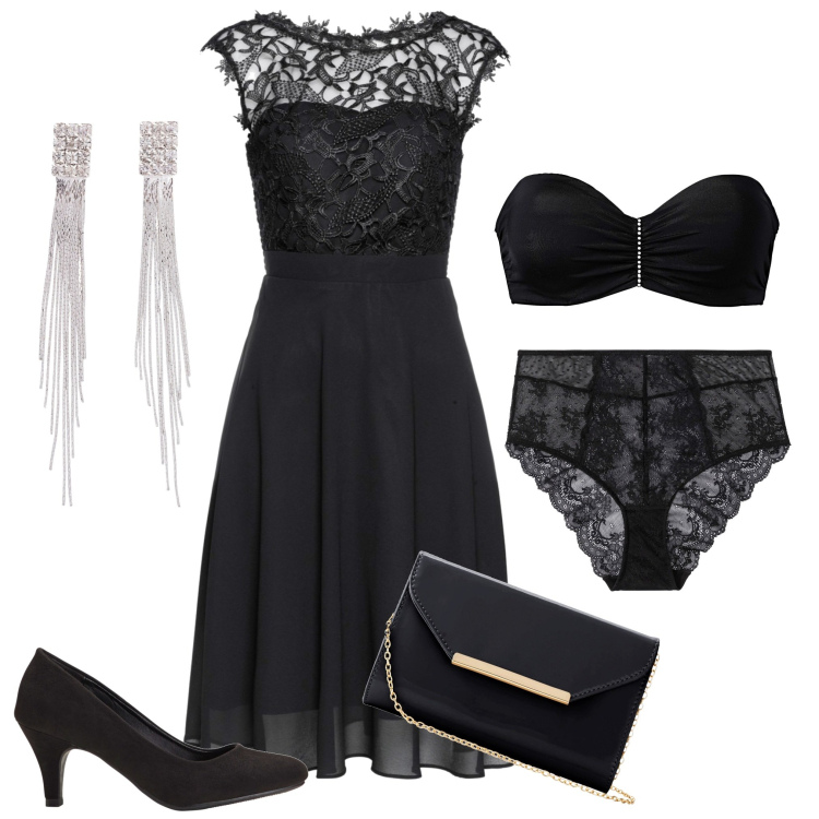 Outfit donna - Elegante in nero. Stile Chic per Cerimonia. Abbinamento con orecchini, décolleté, vestiti, reggiseni, pochette, culotte.