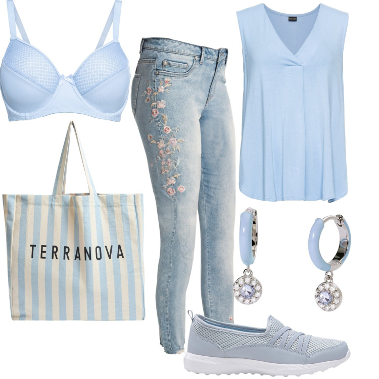 Outfit donna - Cromoterapia: azzurro serenità. Stile Casual per Tutti i giorni. Abbinamento con sneakers, jeans, top, reggiseno, borse tote, orecchini.