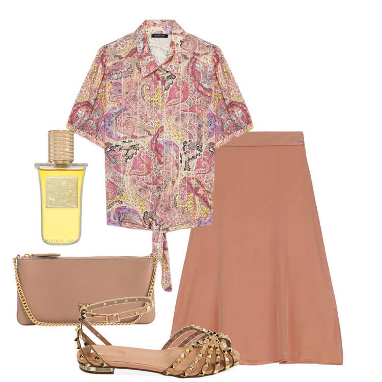 Outfit donna - Jacquard di maggio. Stile Bon Ton per Tutti i giorni. Abbinamento con profumi, borse a tracolla, gonne longuette, ballerine, camicie a manica corta.
