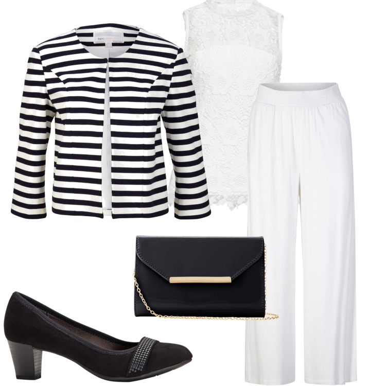 Outfit donna - Elegante in bianco. Stile Chic per Cerimonia. Abbinamento con pantaloni, décolleté, blazer, pochette, top.