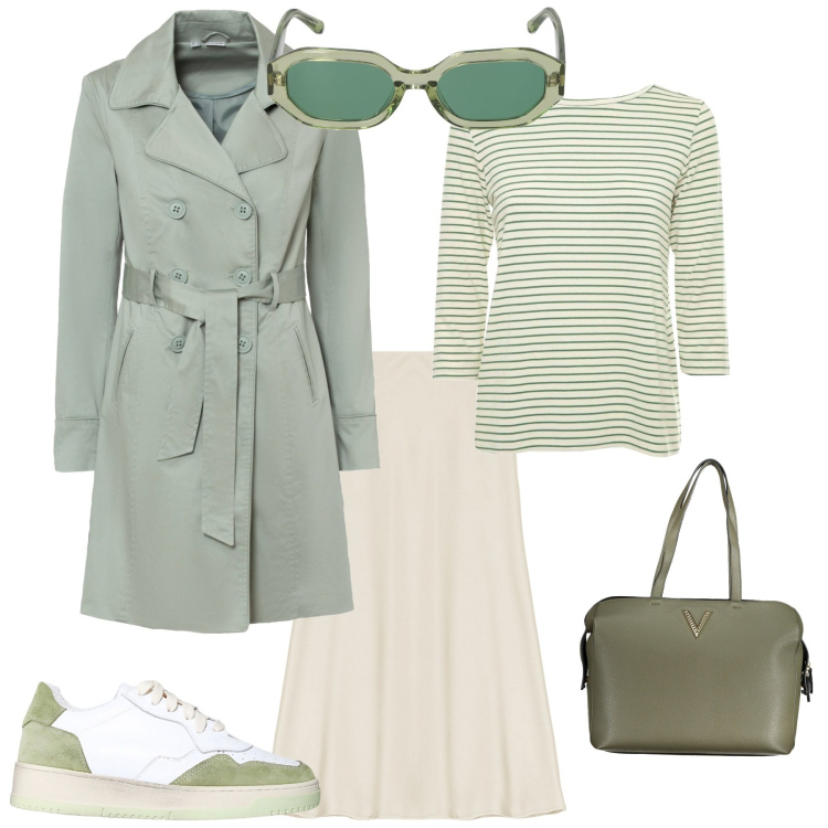Outfit donna - Trendy in ufficio. Stile Trendy per Ufficio. Abbinamento con trench, gonne longuette, sneakers, t-shirt, occhiali da sole, borse a spalla.