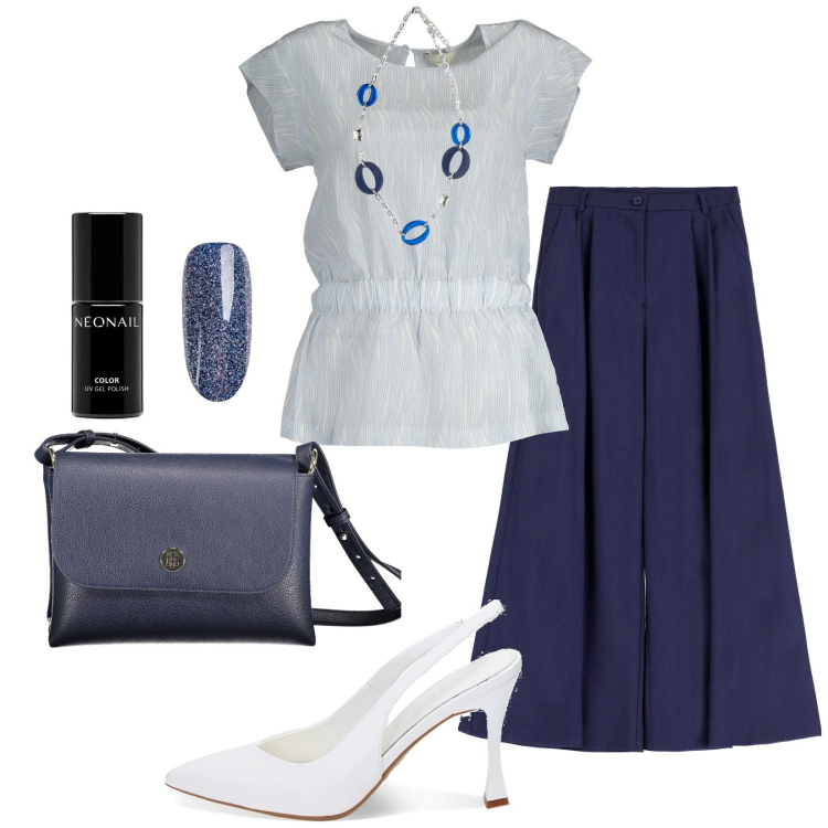 Outfit donna - Chiaro/scuro. Stile Casual per Ufficio. Abbinamento con smalti, pantaloni a palazzo, décolleté, canottiere, borse a spalla, ciondoli.
