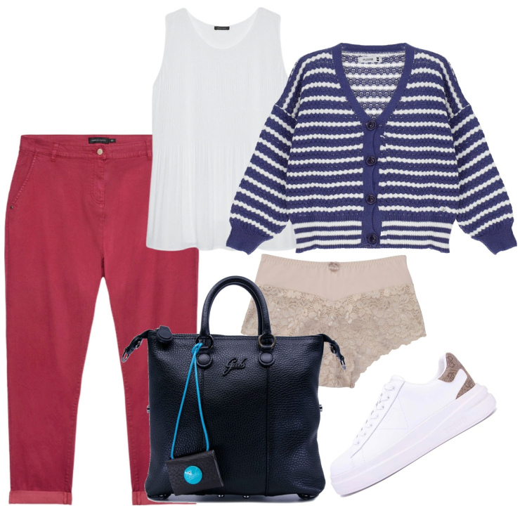 Outfit donna - Basic curvy. Stile Basic per Tutti i giorni. Abbinamento con culotte, cardigans, pantaloni, sneakers, shopping bag, top.