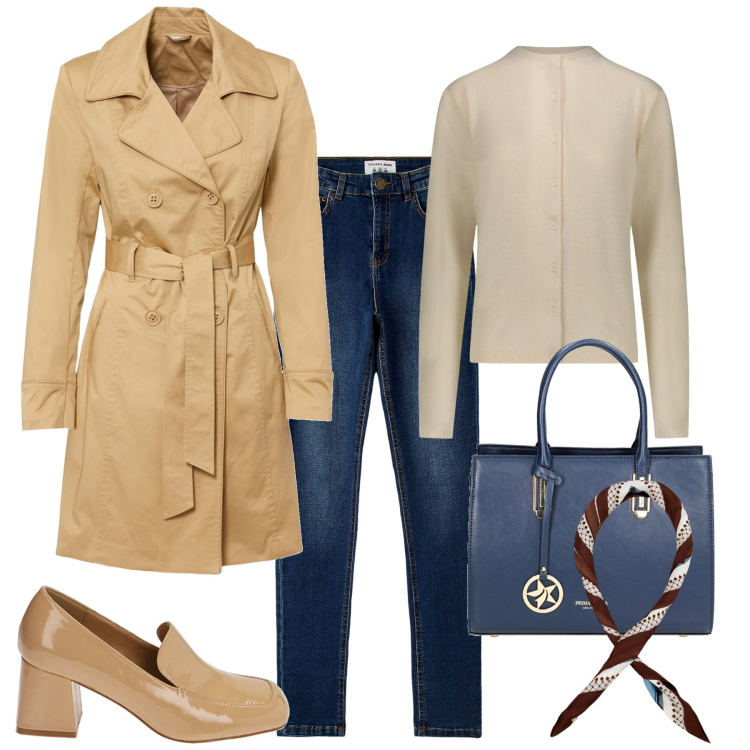 Outfit donna - Trench in primavera. Stile Casual chic per Tutti i giorni. Abbinamento con trench, jeans skinny, foulard, mocassini, borse a mano, cardigans.