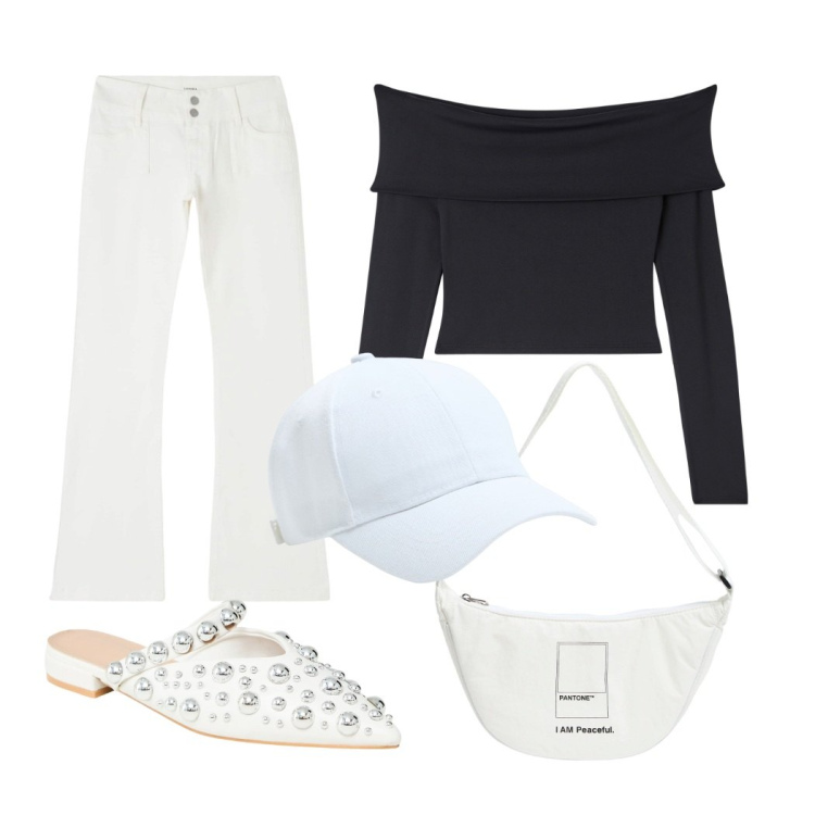 Outfit donna - White spring. Stile Casual per Tutti i giorni. Abbinamento con marsupi, cappelli, pantaloni, t-shirt, ballerine.