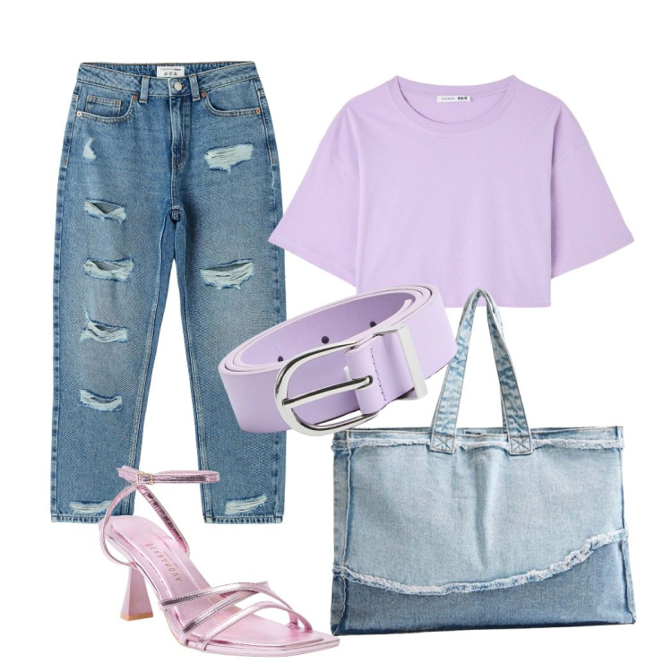 Outfit donna - Lilla e jeans. Stile Casual per Tutti i giorni. Abbinamento con jeans mom, sandali col tacco, shopping bag, t-shirt, cinture.