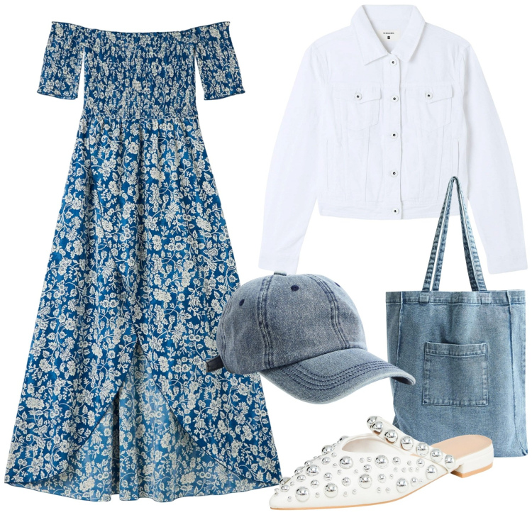 Outfit donna - Terranova romantico denim. Stile Romantica per Tutti i giorni. Abbinamento con vestiti lunghi, ballerine, blazer, shopping bag, cappelli.
