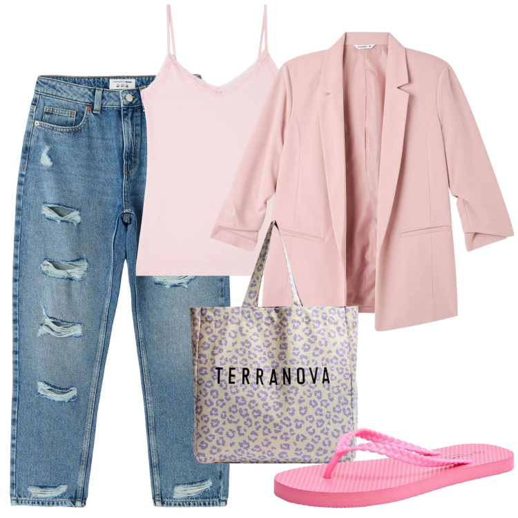 Outfit donna - Le prime flip flip. Stile Basic per Tutti i giorni. Abbinamento con jeans mom, blazer, canottiere, infradito, shopping bag.
