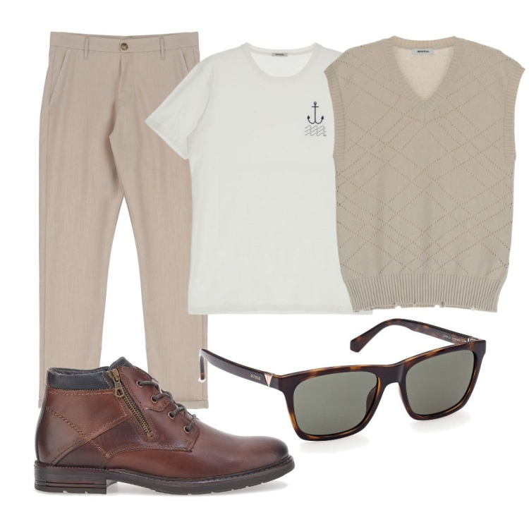 Outfit uomo - Tutti i giorni. Stile Trendy per Tutti i giorni. Abbinamento con t-shirt, pantaloni, pullovers, scarpe stringate, occhiali da sole.