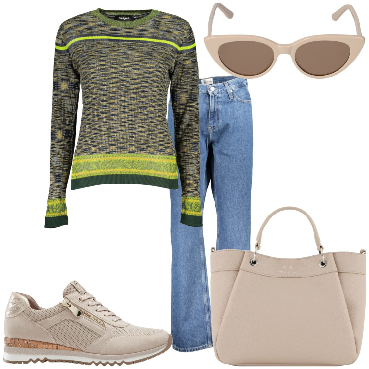 Outfit donna - Per la città. Stile Casual per Tutti i giorni. Abbinamento con sneakers, maglieria, jeans dritti, shopping bag, occhiali da sole.