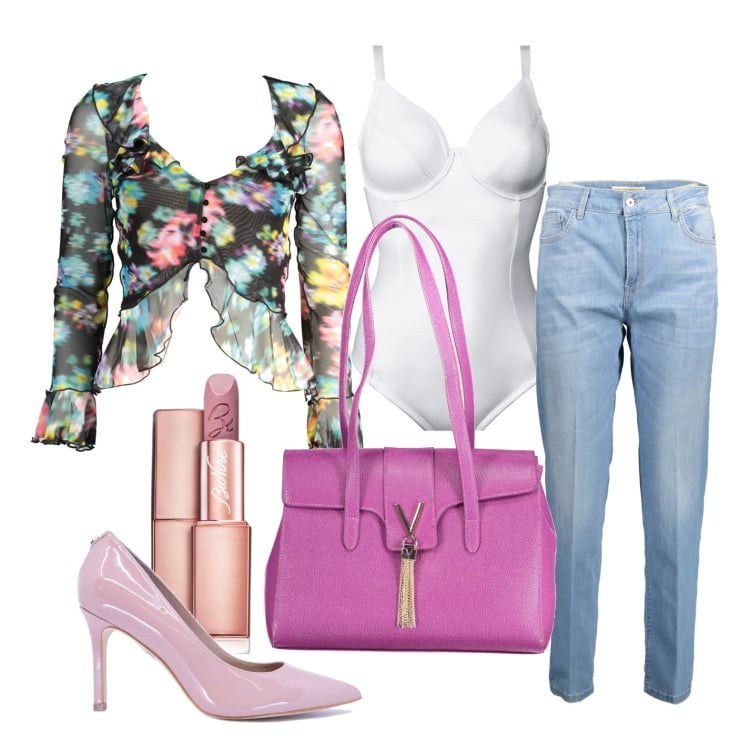 Outfit donna - In città, stile floreale. Stile Trendy per Tutti i giorni. Abbinamento con body, rossetti, jeans, t-shirt, borse a spalla, décolleté.