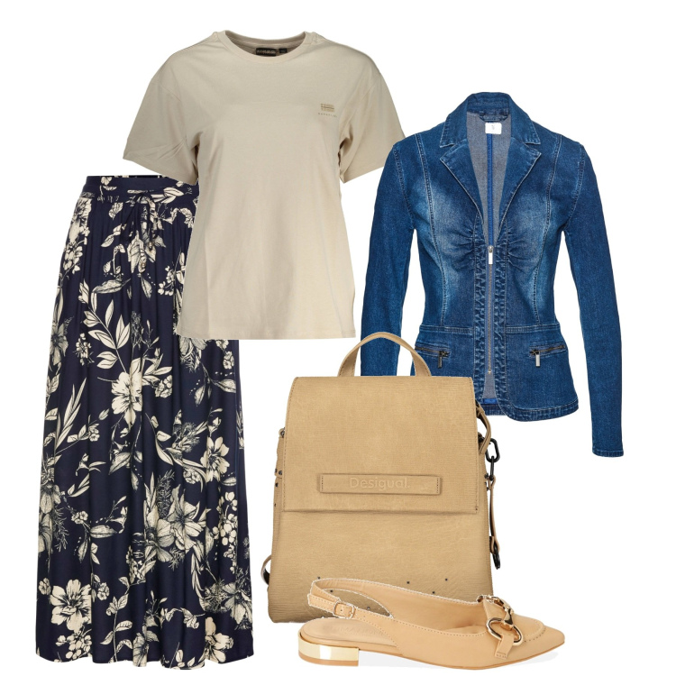 Outfit donna - Il gonnone a fiori. Stile Bon Ton per Tutti i giorni. Abbinamento con gonne lunghe, blazer, ballerine, t-shirt, zaini.