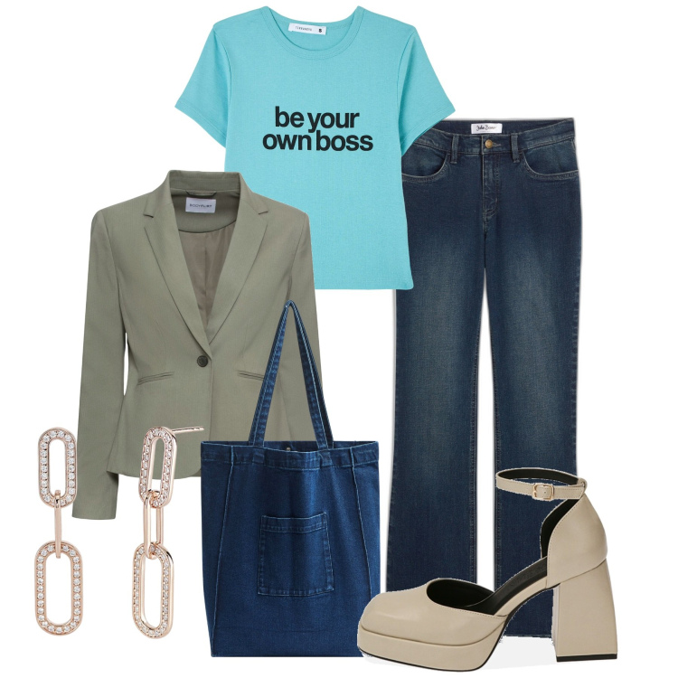 Outfit donna - I\'m my own boss. Stile Bon Ton per Tutti i giorni. Abbinamento con blazer, jeans bootcut, t-shirt, shopping bag, orecchini, décolleté.