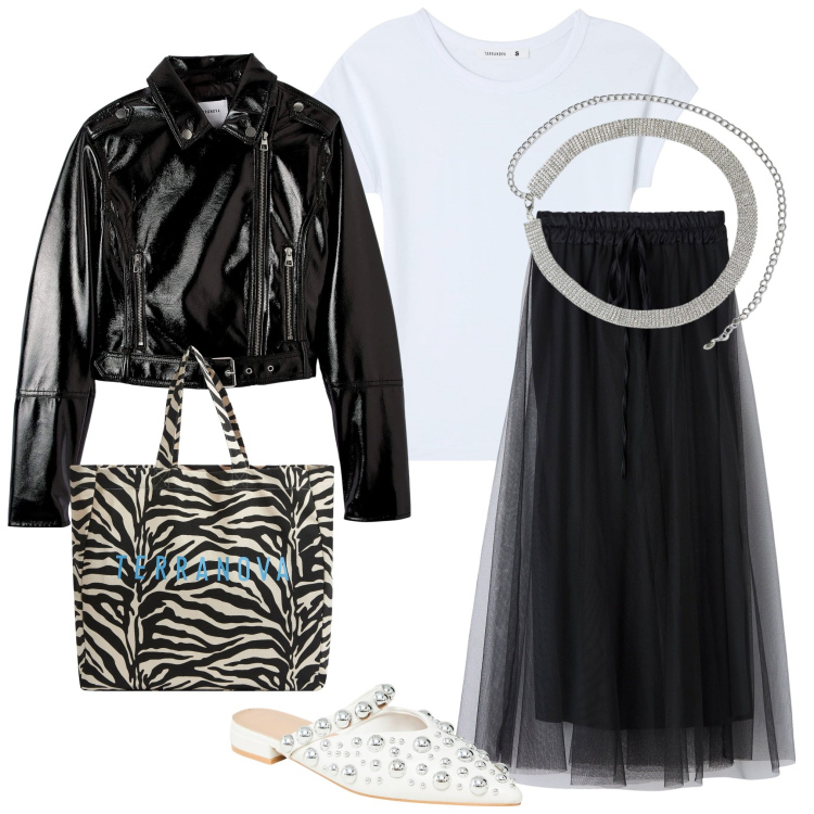 Outfit donna - Borsa zebrata. Stile Casual chic per Serata fuori. Abbinamento con borse tote, t-shirt, cinture, ballerine, gonne lunghe, giacche.