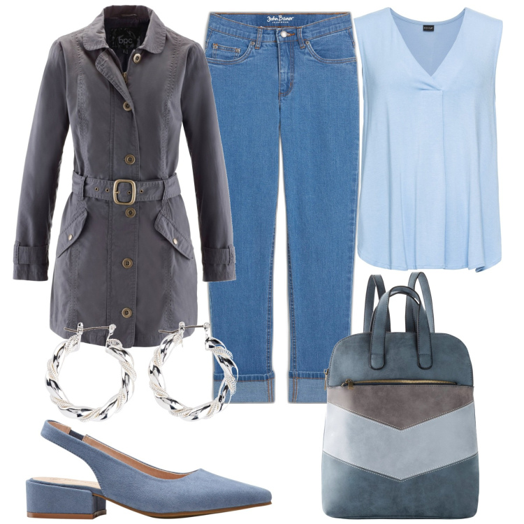 Outfit donna - Bonprix. Stile Casual chic per Tutti i giorni. Abbinamento con décolleté, orecchini, top, jeans boyfriend, trench, zaini.