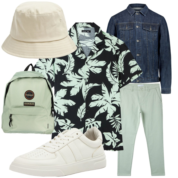 Outfit uomo - Di corsa all\' università. Stile Casual per Tutti i giorni. Abbinamento con cappelli, camicie a manica corta, pantaloni skinny, sneakers, giacche, borse sportive.