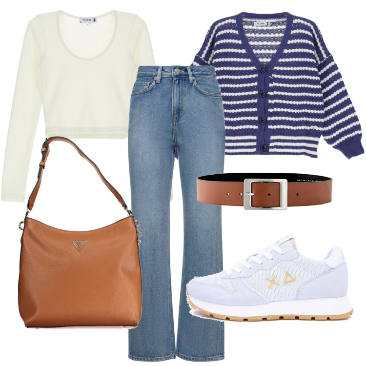 Outfit donna - Saturday shopping. Stile Casual per Tutti i giorni. Abbinamento con cinture, cardigans, t-shirt, sneakers, borse a tracolla, jeans.
