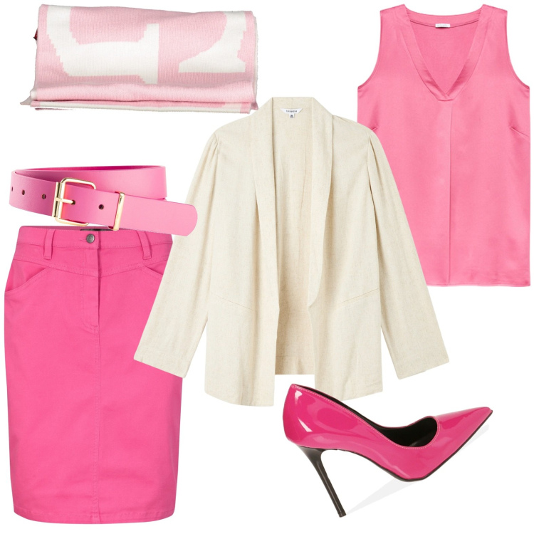 Outfit donna - Total look #1850262. Stile Casual chic per Serata fuori. Abbinamento con gonne, cinture, blazer, décolleté, top, sciarpe.