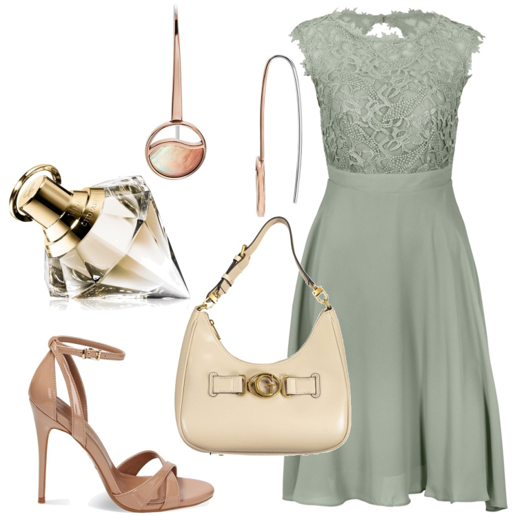 Outfit donna - Cerimonia in verde salvia. Stile Chic per Cerimonia. Abbinamento con vestiti corti, orecchini, profumi, sandali col tacco, borse a spalla.
