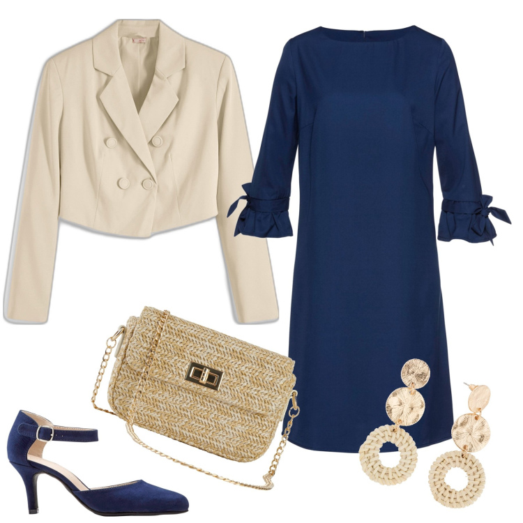 Outfit donna - Semplicemente blu e beige. Stile Bon Ton per Cerimonia. Abbinamento con décolleté, orecchini, vestiti, blazer, borse a mano.
