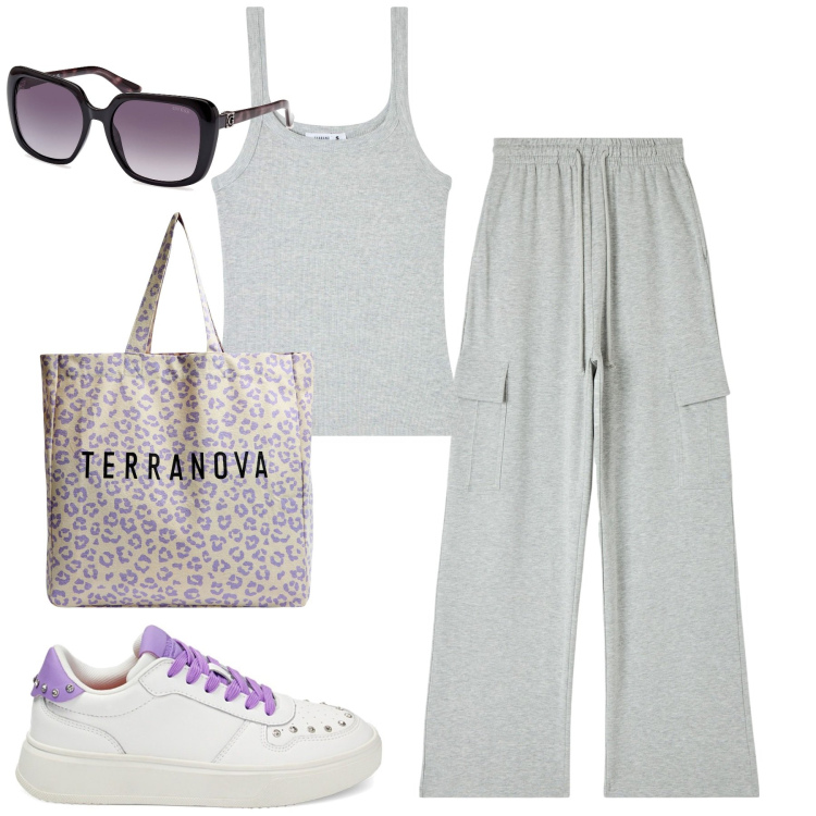 Outfit donna - Sporty. Stile Casual per Tutti i giorni. Abbinamento con pantaloni, shopping bag, canottiere, sneakers, occhiali da sole.