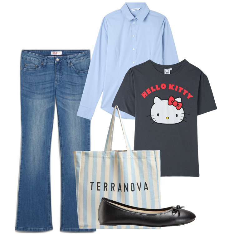 Outfit donna - Easy. Stile Bon Ton per Tutti i giorni. Abbinamento con jeans bootcut, ballerine, camicie, t-shirt, borse tote.