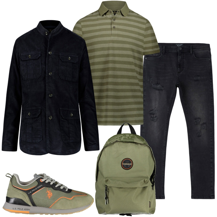 Outfit uomo - Gita fuori porta. Stile Casual per Tutti i giorni. Abbinamento con jeans strappati, polo, giacche, scarpe sportive, borse sportive.