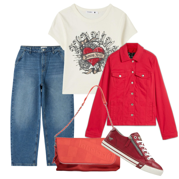Outfit donna - Città. Stile Basic per Tutti i giorni. Abbinamento con blazer, sneakers, t-shirt, jeans, borse a mano.