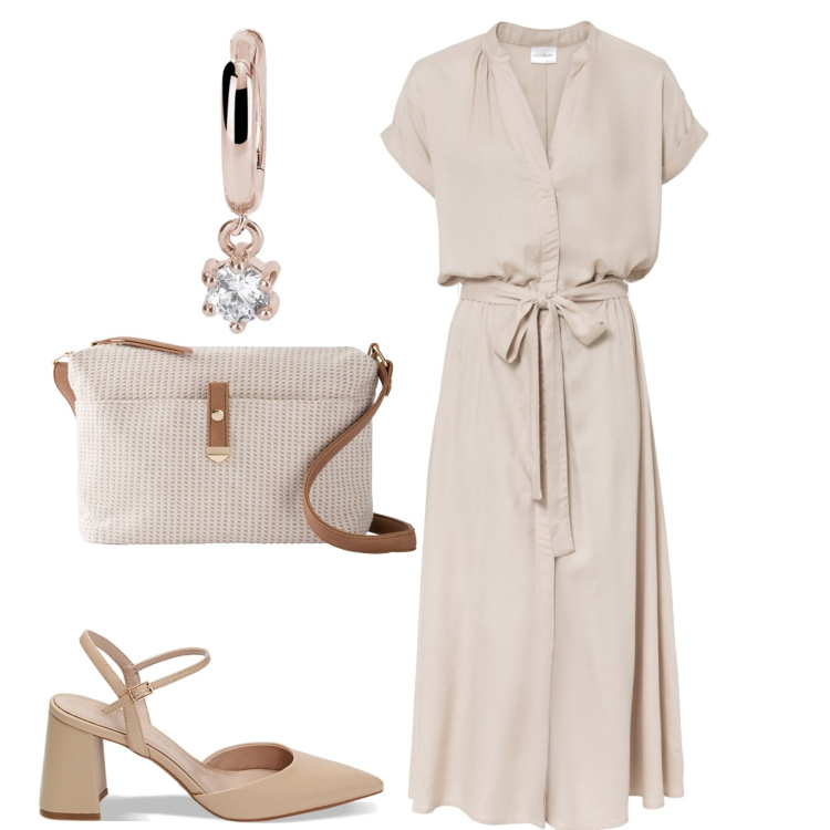 Outfit donna - Abito chemisier. Stile Bon Ton per Tutti i giorni. Abbinamento con vestiti chemisier, borse a tracolla, orecchini, décolleté.