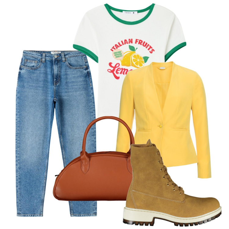Outfit donna - Città. Stile Urban per Tutti i giorni. Abbinamento con blazer, jeans mom, t-shirt, borse a spalla, stivali.