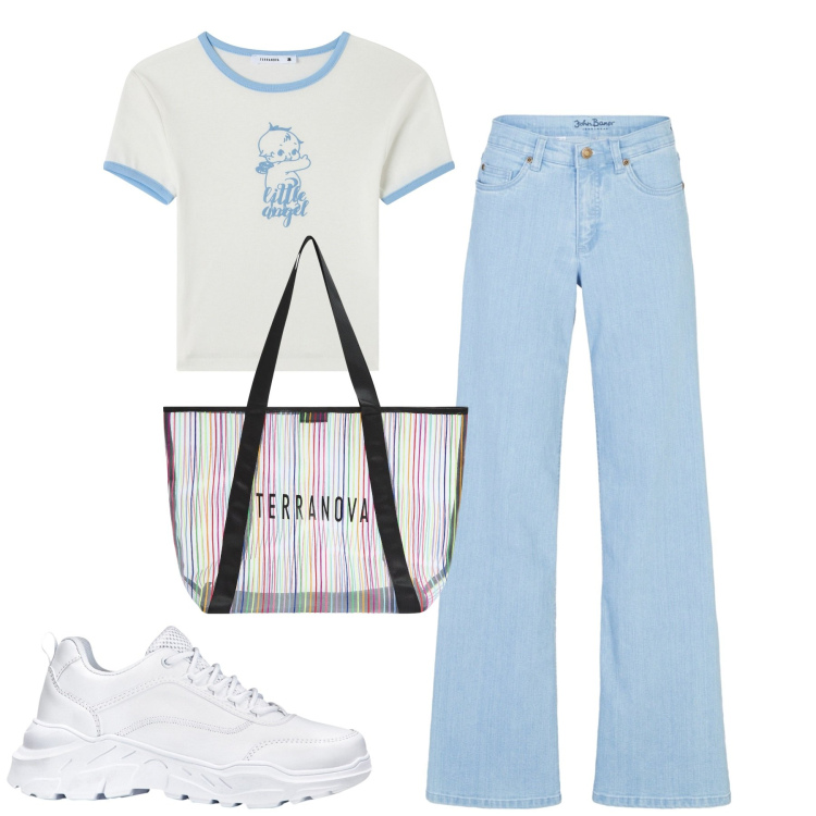 Outfit donna - City. Stile Casual per Tutti i giorni. Abbinamento con jeans, sneakers, t-shirt, shopping bag.