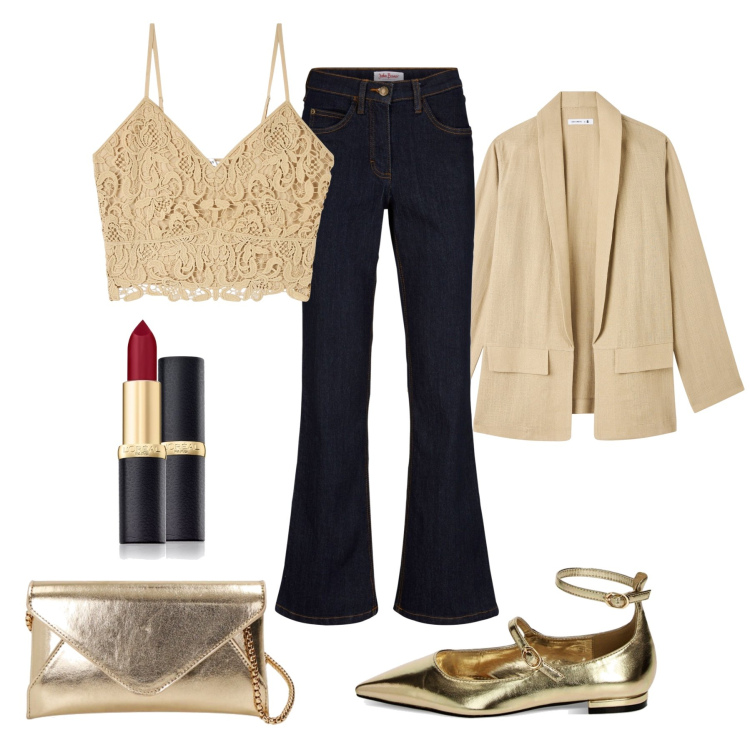 Outfit donna - Pizzata serale. Stile Sporty chic per Serata fuori. Abbinamento con jeans bootcut, rossetti, top, blazer, ballerine, pochette.