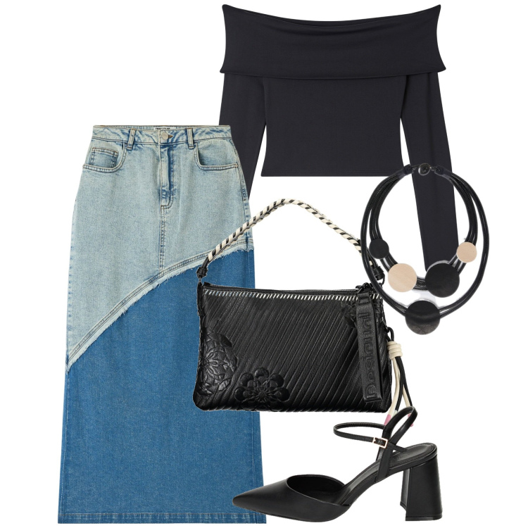 Outfit donna - Midi in jeans. Stile Urban per Tutti i giorni. Abbinamento con gonne lunghe, t-shirt, décolleté, borse a spalla, collane.