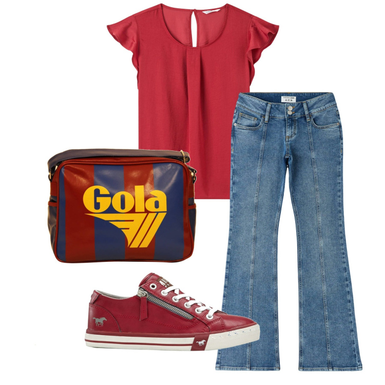 Outfit donna - Città. Stile Basic per Tutti i giorni. Abbinamento con sneakers, bluse, jeans a zampa, borse a spalla.