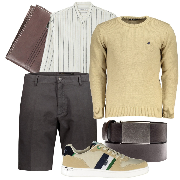 Outfit uomo - Maglione e pantaloncini. Stile Casual per Tutti i giorni. Abbinamento con camicie, cinture, portafogli, maglieria, scarpe sportive, bermuda.