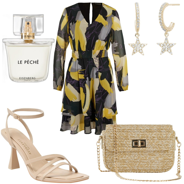 Outfit donna - Abito in chiffon fantasia. Stile Trendy per Tutti i giorni. Abbinamento con vestiti, borse a mano, profumi, sandali col tacco, orecchini.