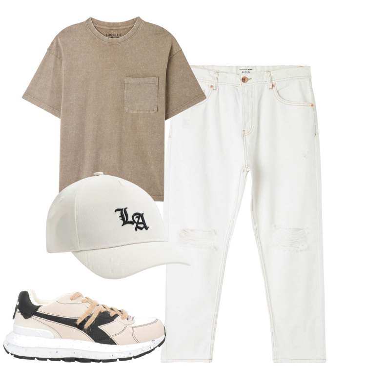 Outfit uomo - Total look #1850370. Stile Casual per Tutti i giorni. Abbinamento con sneakers, t-shirt, cappelli, jeans strappati.
