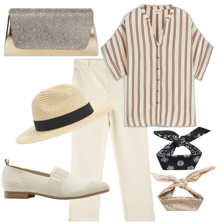 Outfit donna - Total look #1850378. Stile Mannish per Tutti i giorni. Abbinamento con camicie a manica corta, mocassini, cappelli, pantaloni chino, fasce per capelli, pochette.