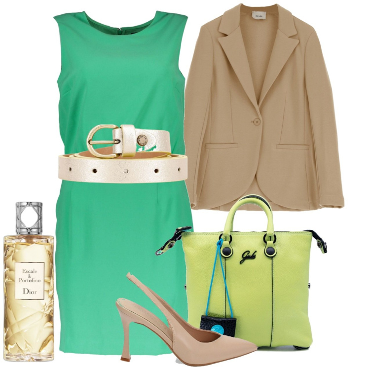 Outfit donna - Scalo a Portofino. Stile Chic per Tutti i giorni. Abbinamento con profumi, décolleté, cinture, blazer, vestiti corti, shopping bag.