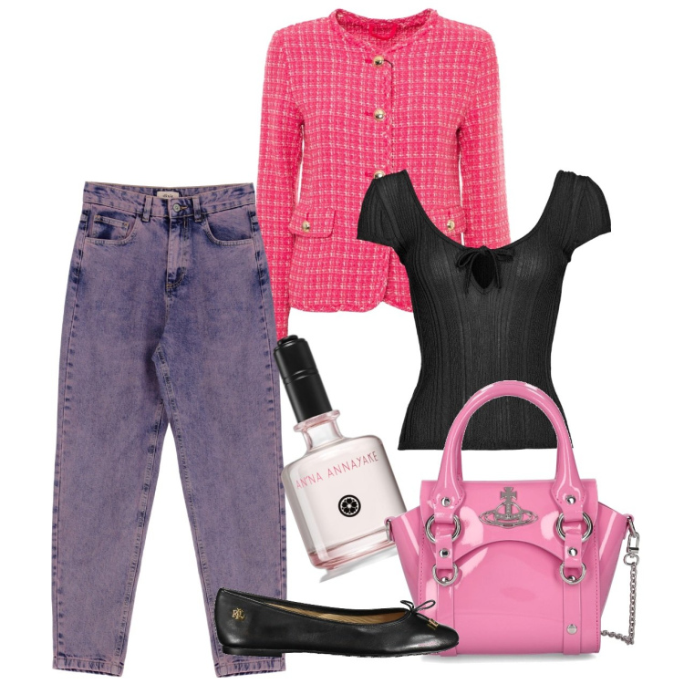 Outfit donna - Spirito francese. Stile Casual chic per Tutti i giorni. Abbinamento con profumi, top, jeans slim fit, blazer, borse a mano, ballerine.