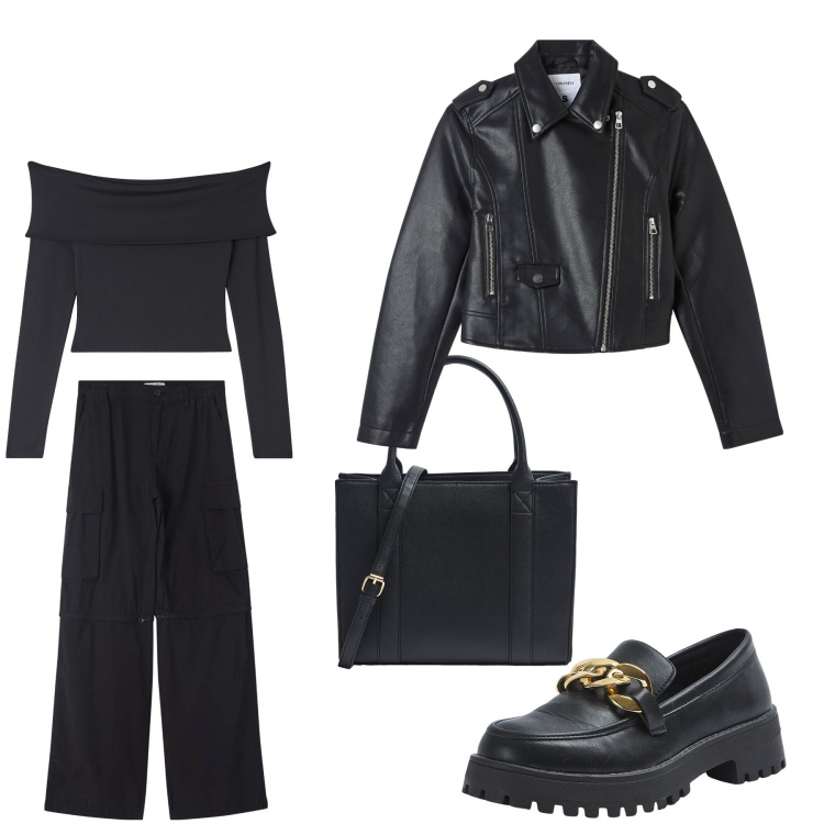 Outfit donna - Aperitivo. Stile Trendy per Tutti i giorni. Abbinamento con pantaloni cargo, giacche, mocassini, t-shirt, shopping bag.