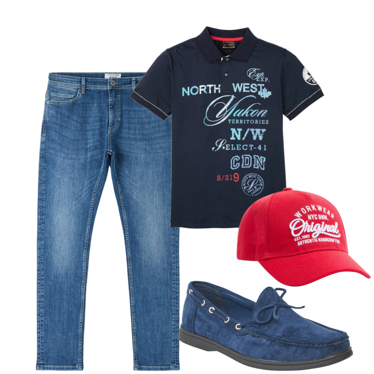 Outfit uomo - Total look #1850452. Stile Casual per Tutti i giorni. Abbinamento con polo, cappelli, scarpe stringate, jeans skinny.