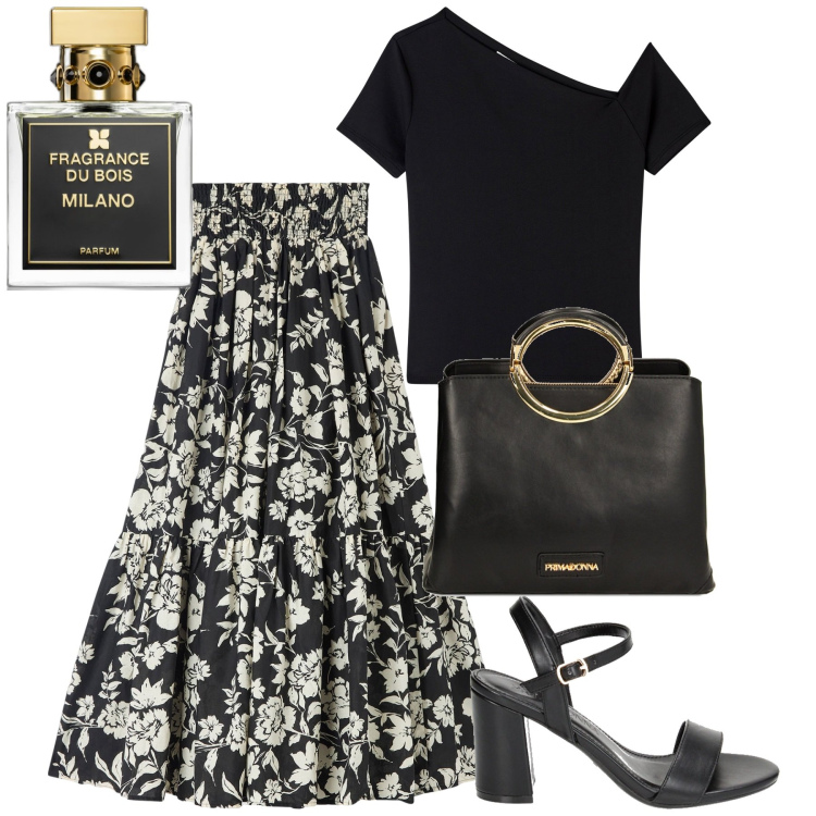 Outfit donna - Terranova e primadonna. Stile Urban per Tutti i giorni. Abbinamento con profumi, gonne lunghe, t-shirt, sandali col tacco, borse a mano.