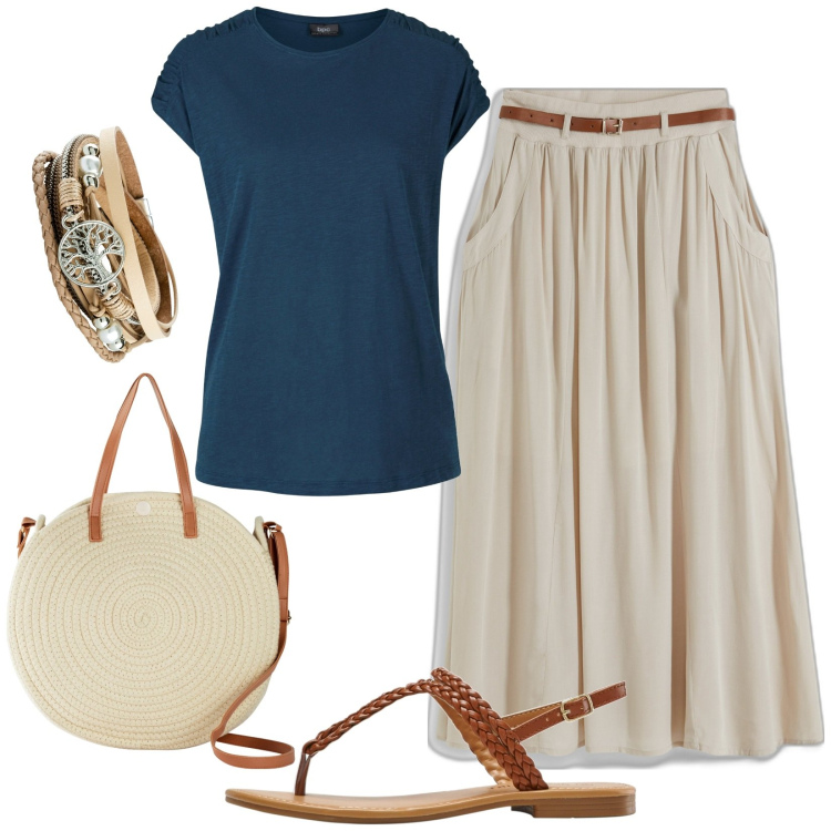 Outfit donna - free and carefree. Stile Casual per Tutti i giorni. Abbinamento con gonne lunghe, t-shirt, braccialetti, ciabatte, shopping bag.