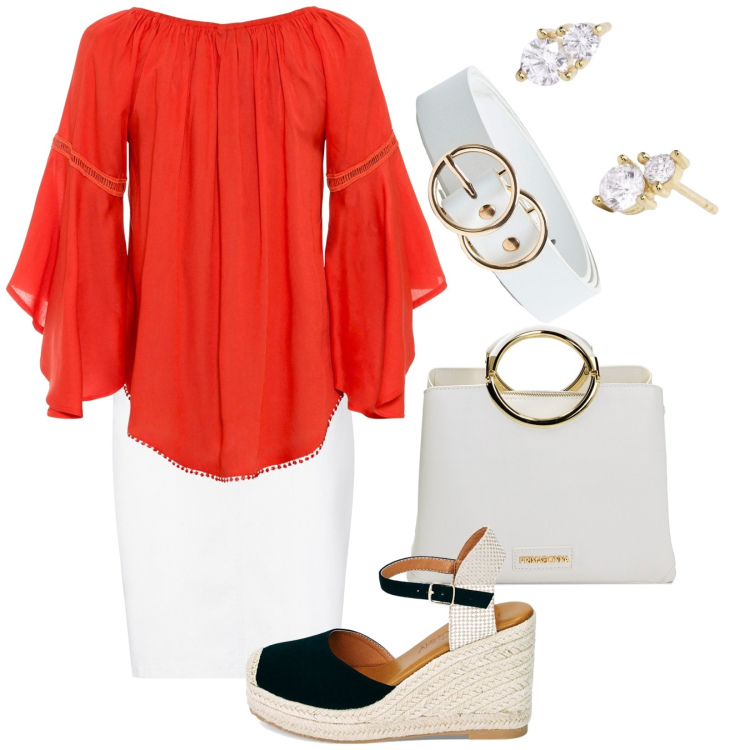 Outfit donna - Blusa da abbinare con cintura. Stile Casual per Ufficio. Abbinamento con gonne, bluse, cinture, orecchini, borse a mano, zeppe.